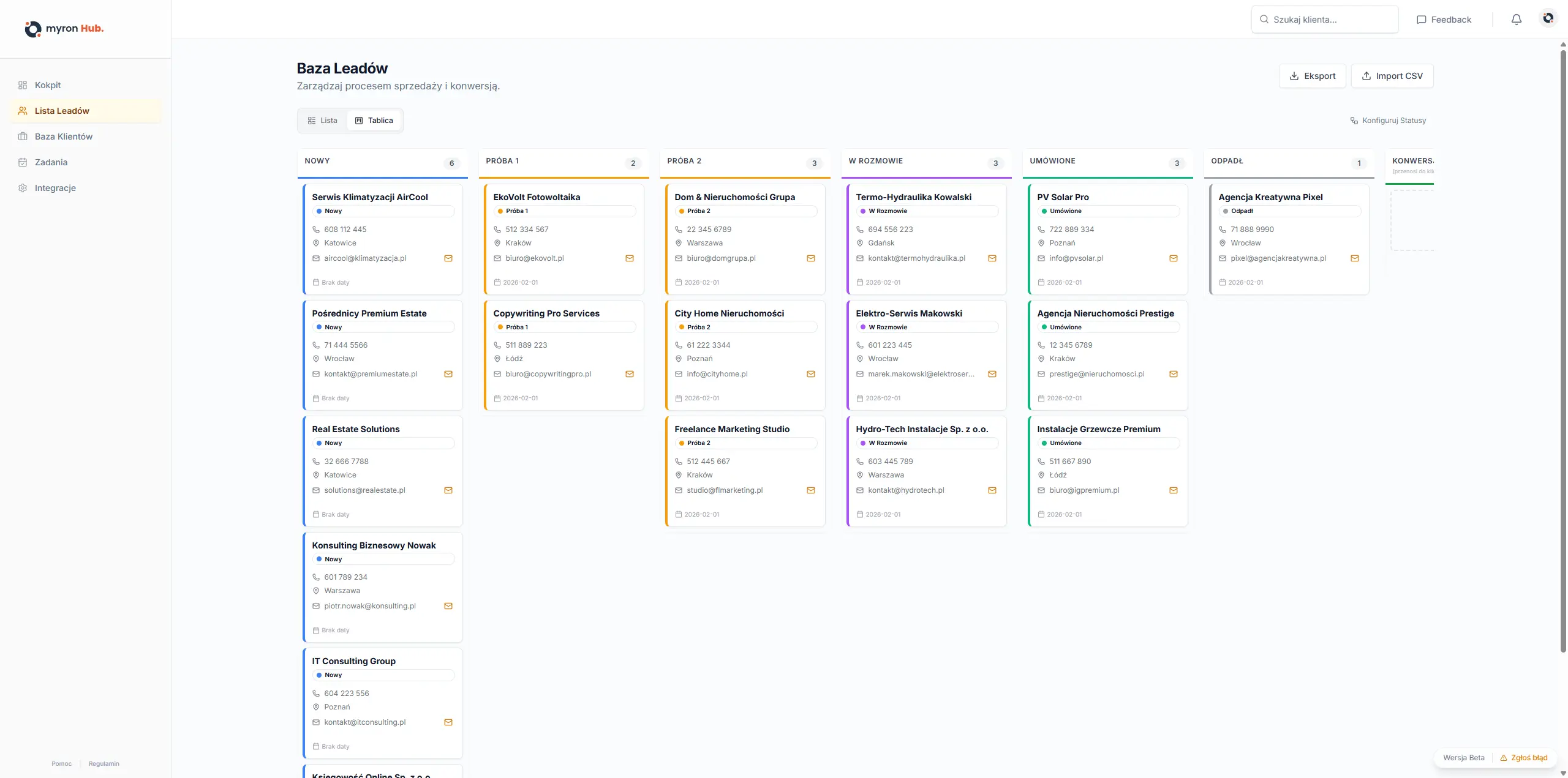 Tablica Kanban Leadów w myron Hub